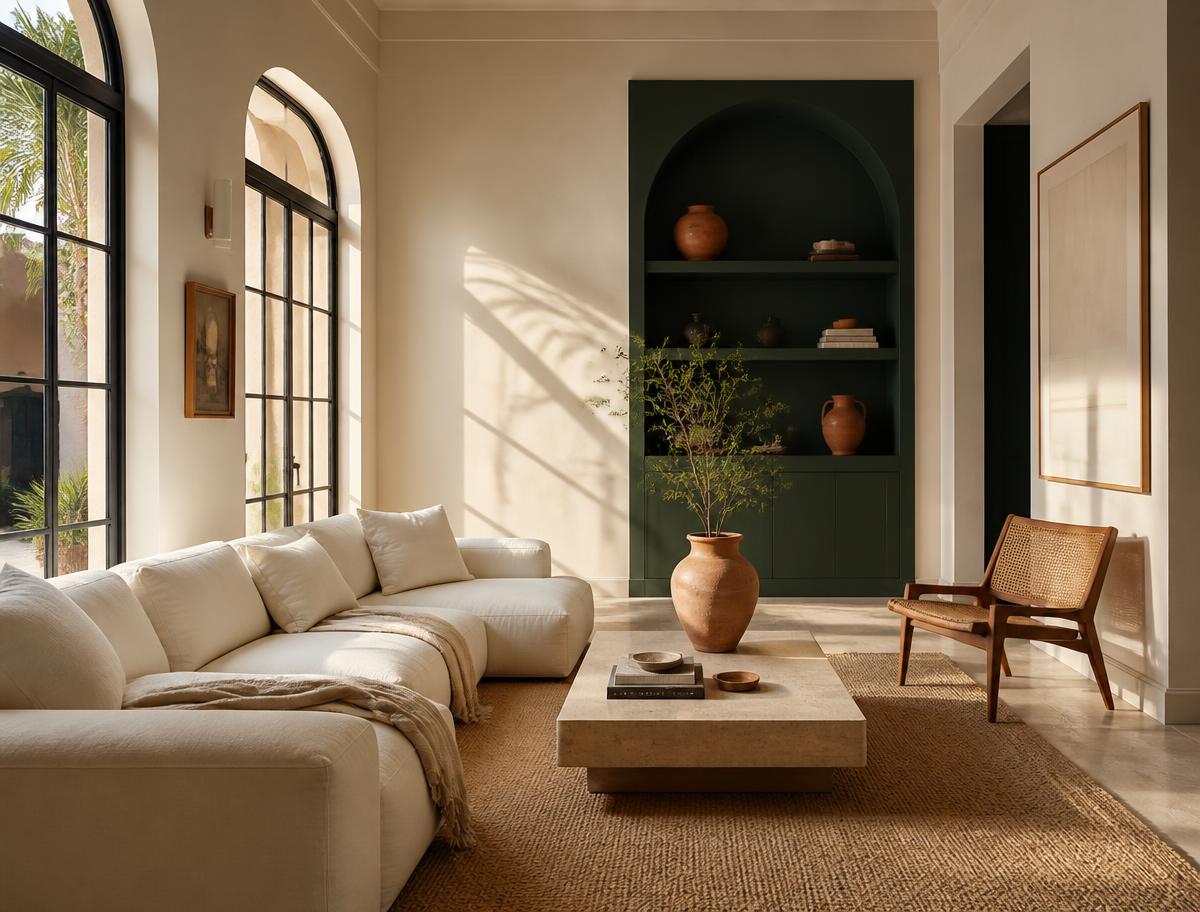 Sala impecable con luz natural vista a través de una ventana en arco